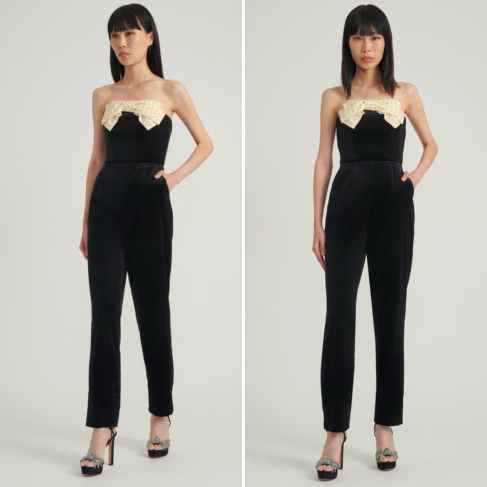 Saloni Sabine Strapless Bow Jumpsuit Black Ivory US 4 NWOT - Picture 4 of 16